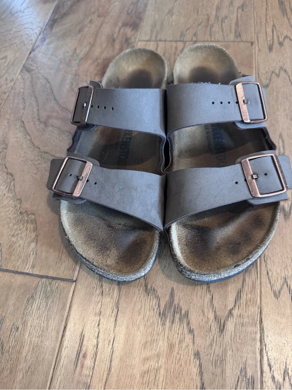 Birkenstock Men's Double-Strap Slide Sandals in Gray with Rose Buckles